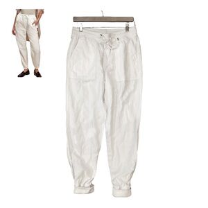 Gap White Cargo Joggers Linen Blend Pockets Drawstring Ribbed Knit Hemline